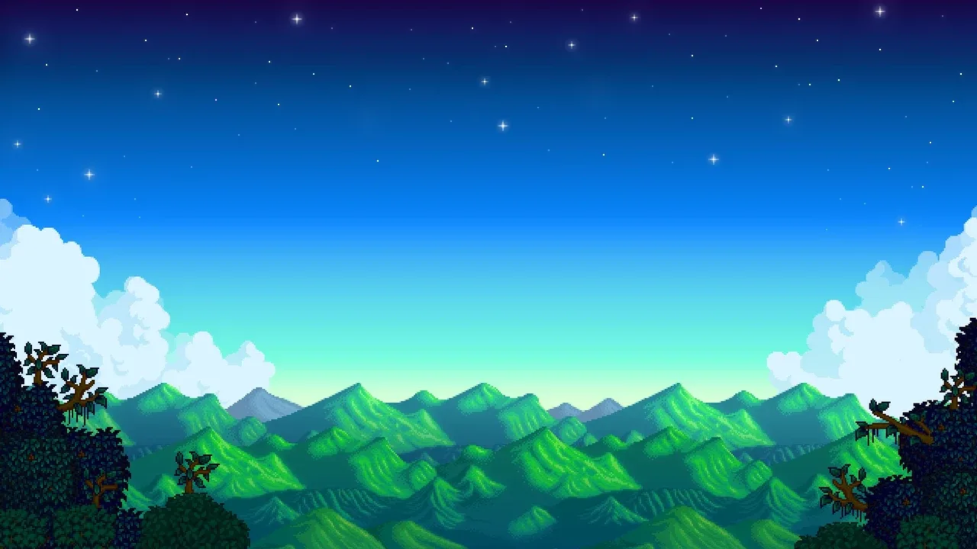Pixel art mountains and stars appear over a peaceful Stardew Valley landscape