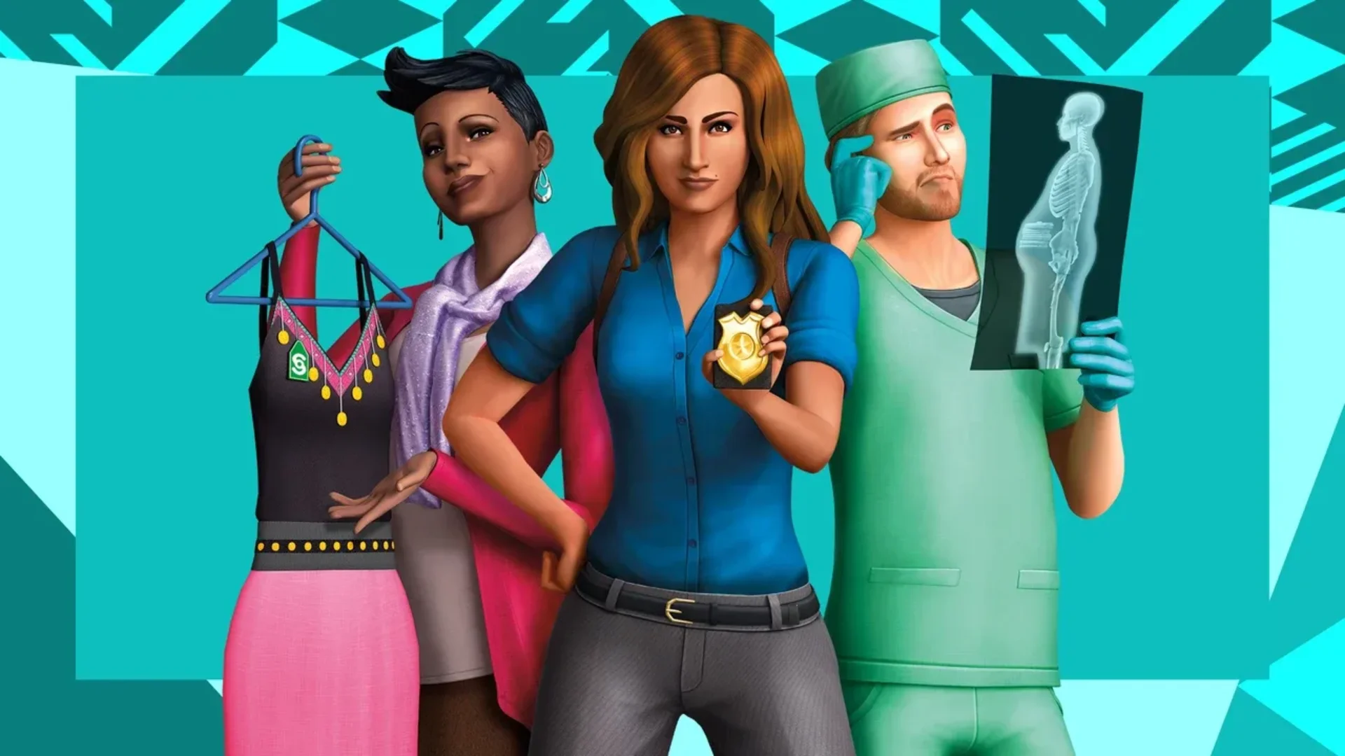 Three Sims pose as a retail worker, detective, and doctor against a teal background