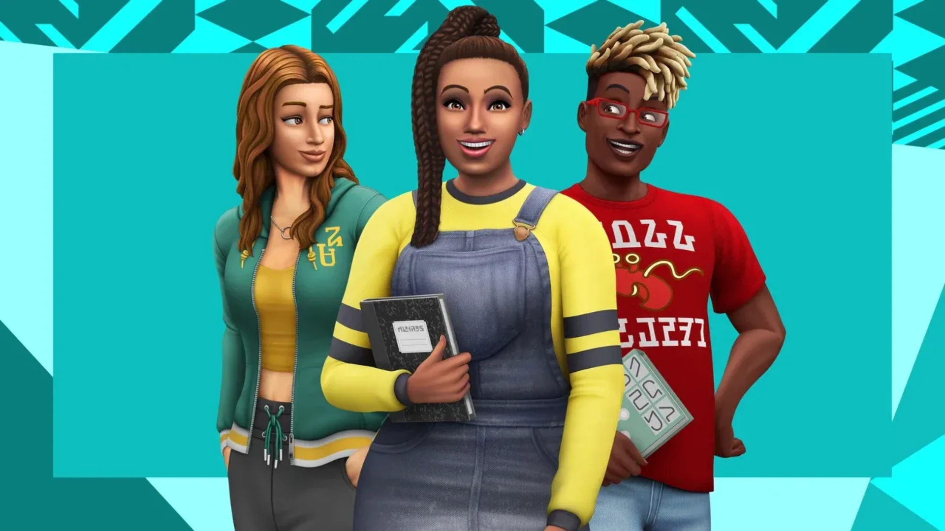 Three Sims pose as students with books, casual clothes, and university-themed outfits
