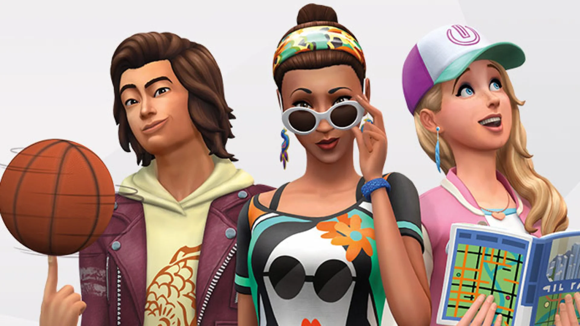 Three Sims pose with a basketball, sunglasses, and a city map in Sims 4 artwork