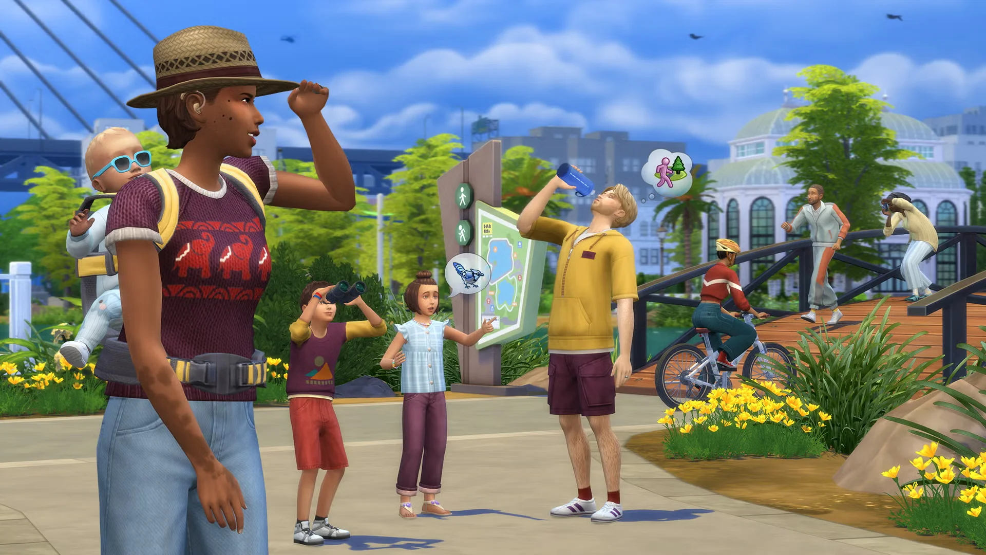 Sims gather in a sunny park with children, a baby carrier, bikes, flowers, and a map sign