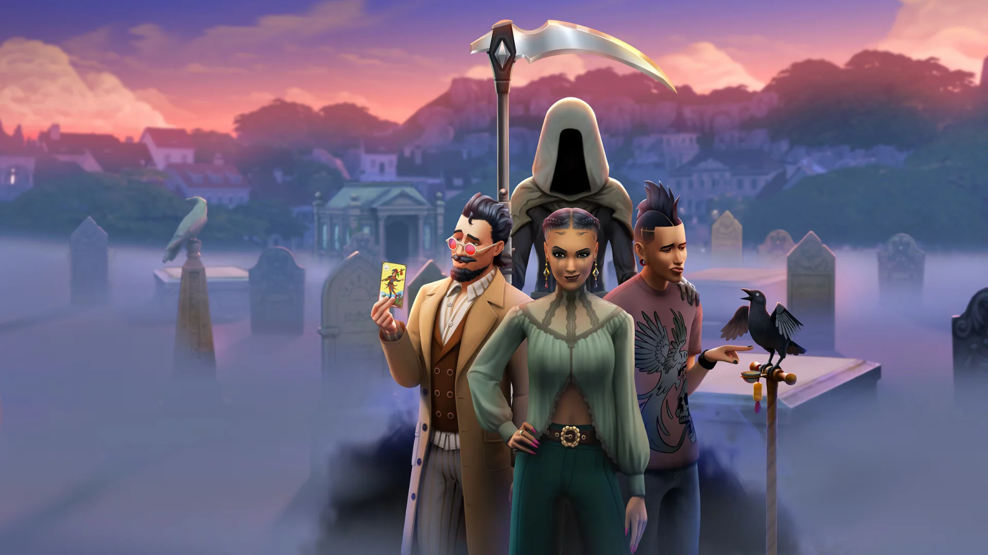 Sims stand in a misty graveyard with the Grim Reaper holding a scythe behind them