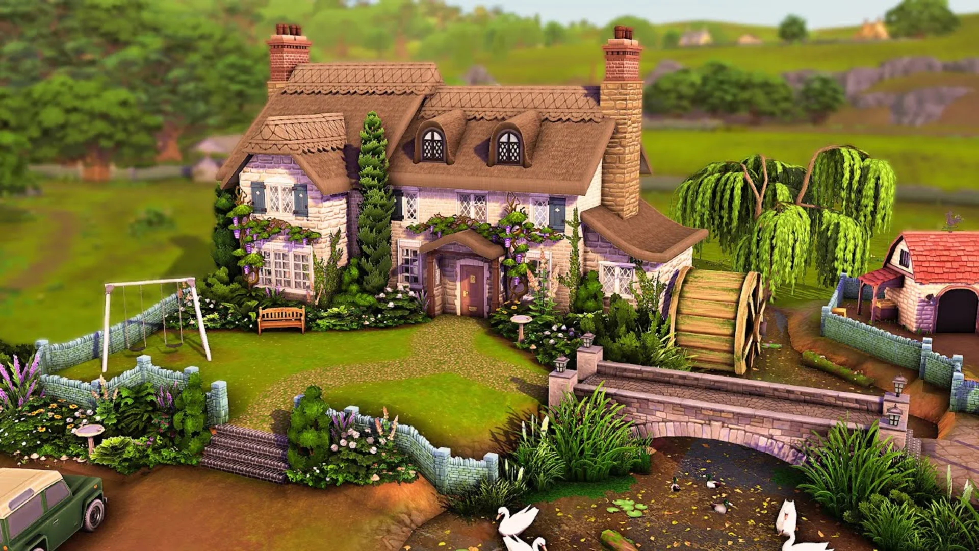 A cozy cottage sits beside gardens, a bridge, a pond, ducks, and green countryside