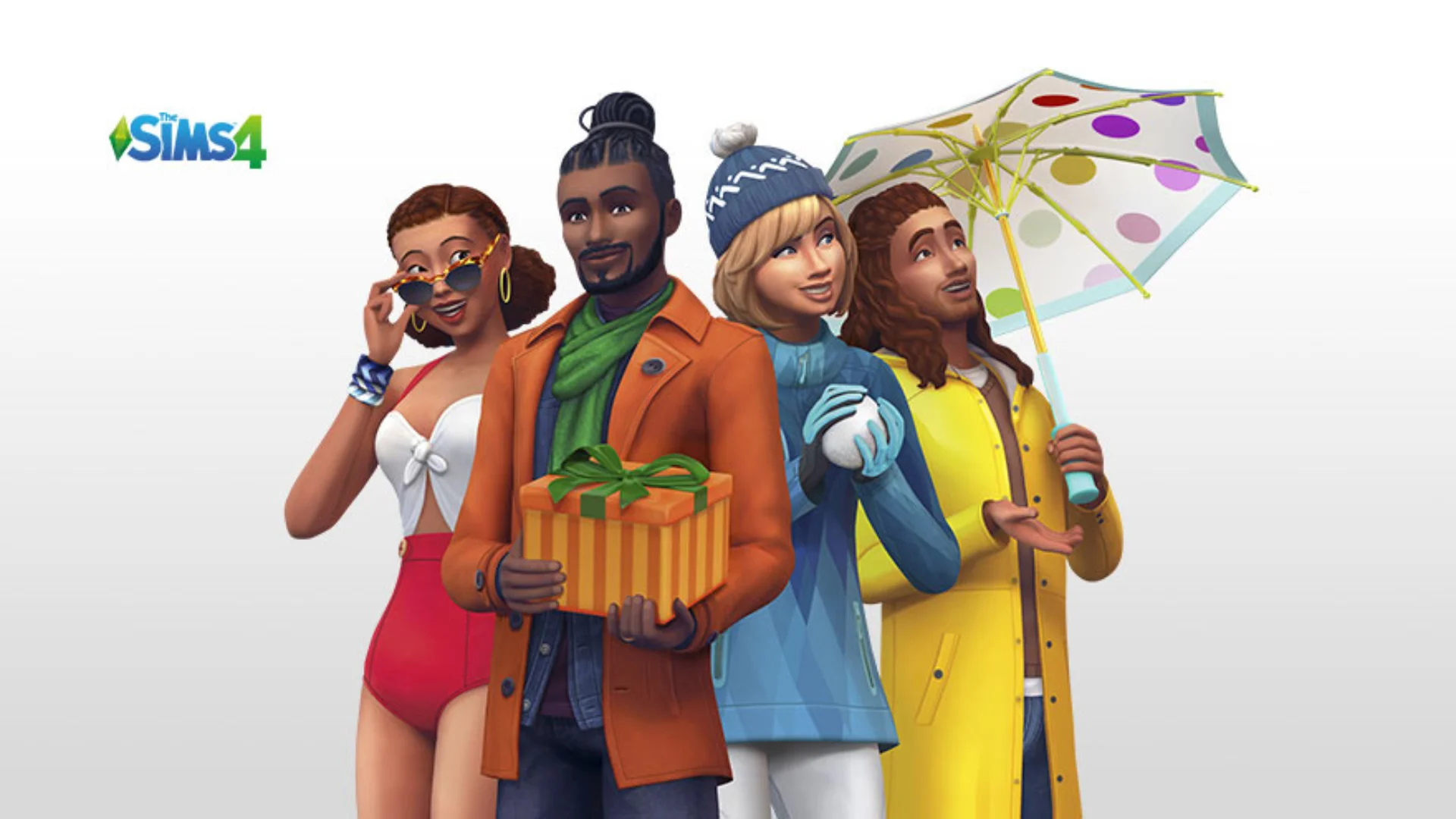 Sims 4 characters pose with seasonal outfits, a gift, snow gloves, and a colorful umbrella