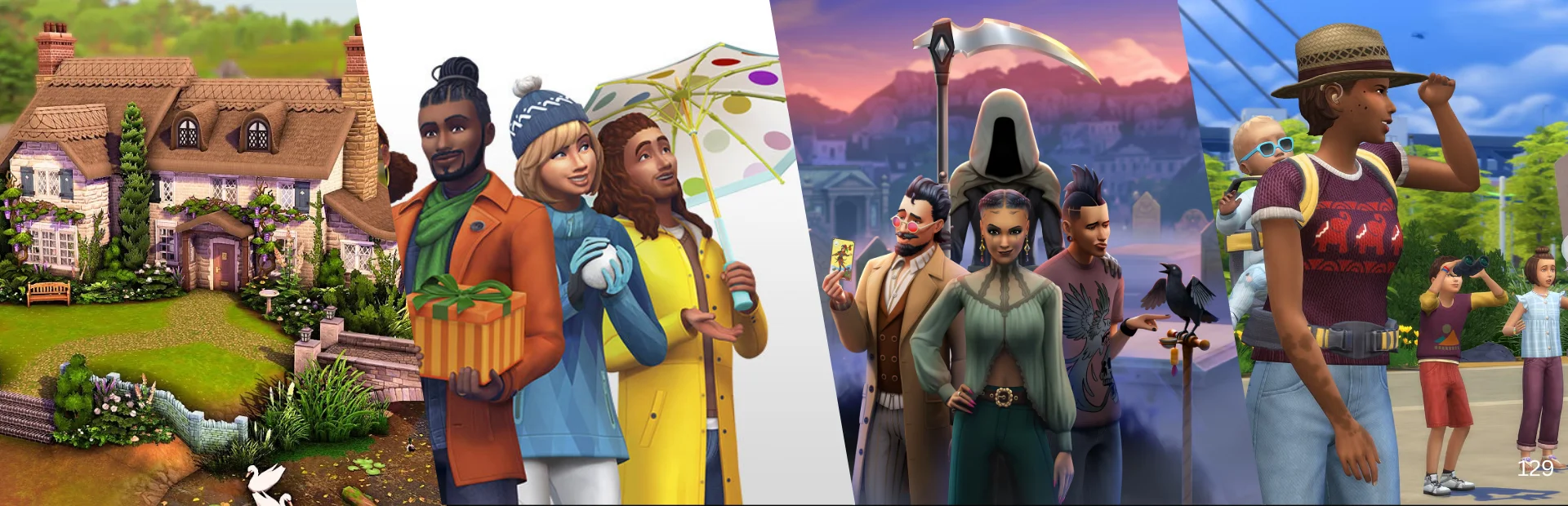Sims 4 DLC artwork shows a cottage, seasonal Sims, Life & Death characters, and a family park scene