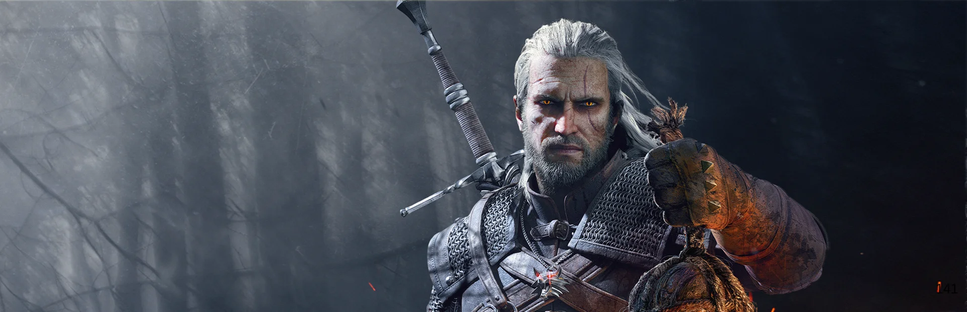 Geralt stands with his back to the camera while looking out across a grey sea in The Witcher 3 artwork.