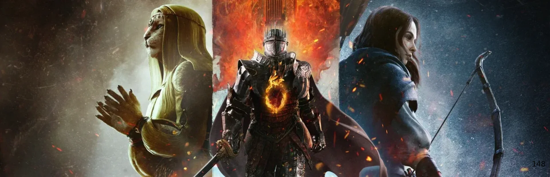 A warrior stands between a lion-like figure and an archer in Dragon’s Dogma 2 artwork.