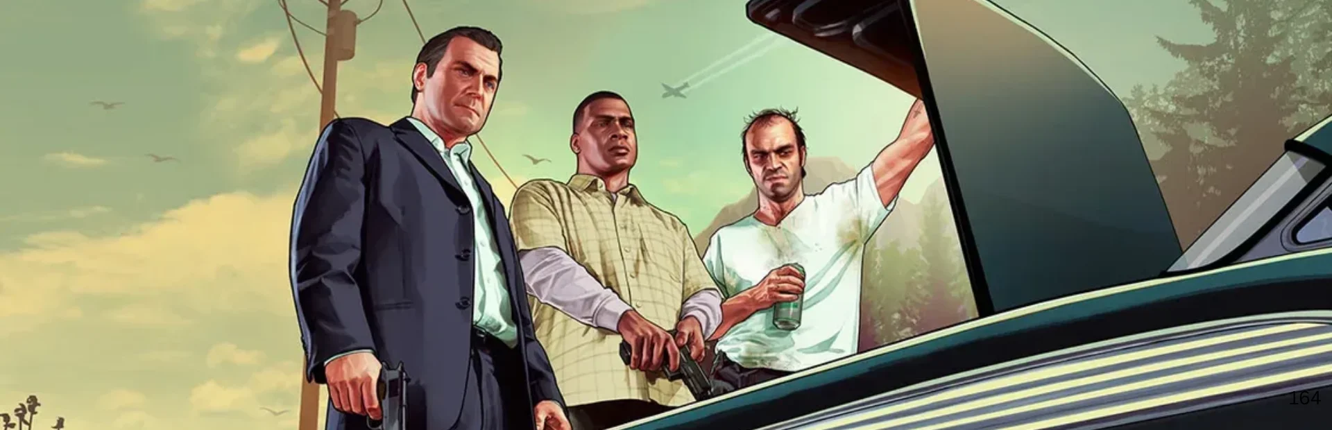 Michael, Franklin, and Trevor stand beside a car in Grand Theft Auto V artwork.