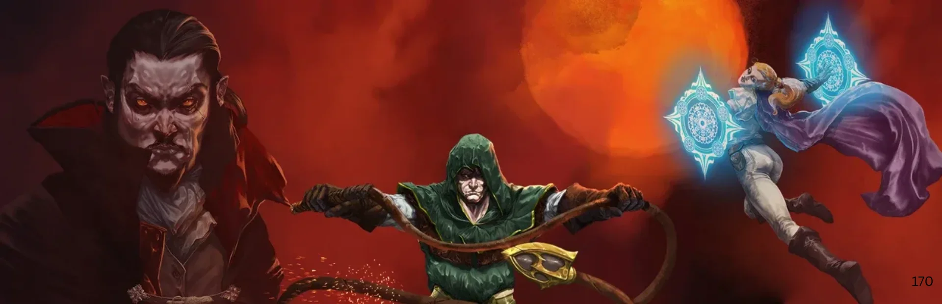 Vampire Survivors characters stand against a red fantasy background with magic and monsters.