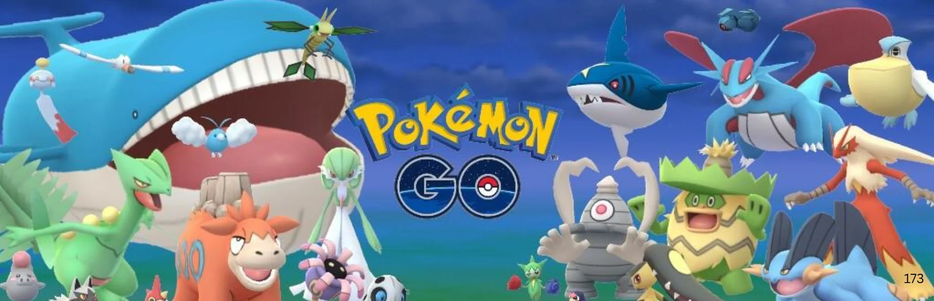 Pokémon Go artwork shows several Pokémon gathered around the game logo on a blue background.