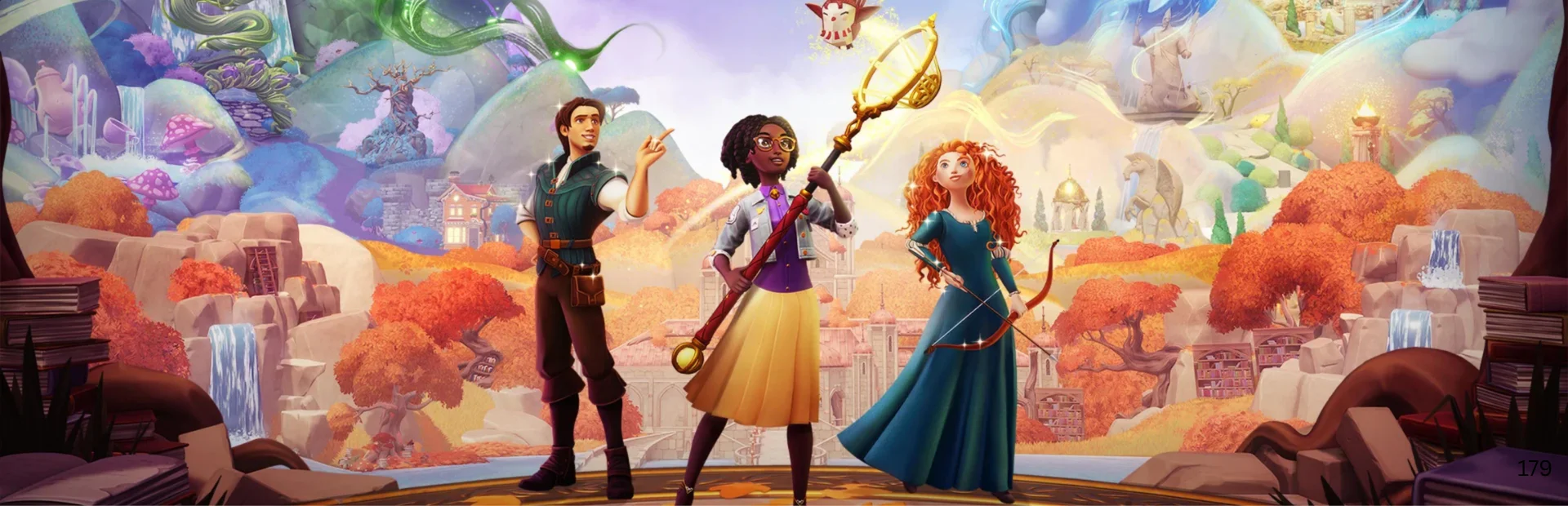 Disney Dreamlight Valley characters stand before a colorful magical woodland world.