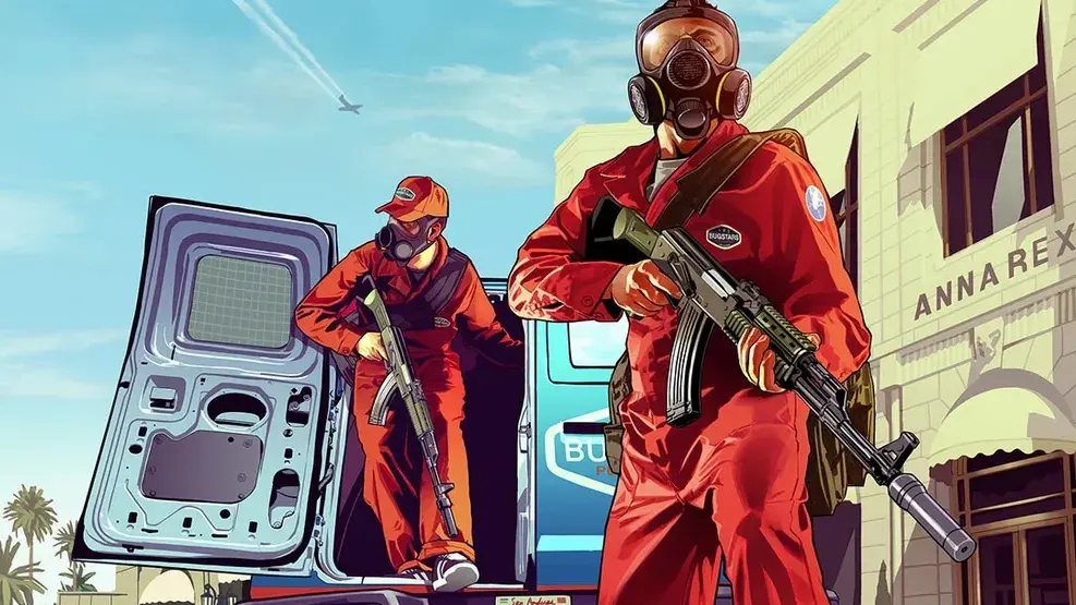 Heist crew members wearing red uniforms during a robbery mission in GTA V