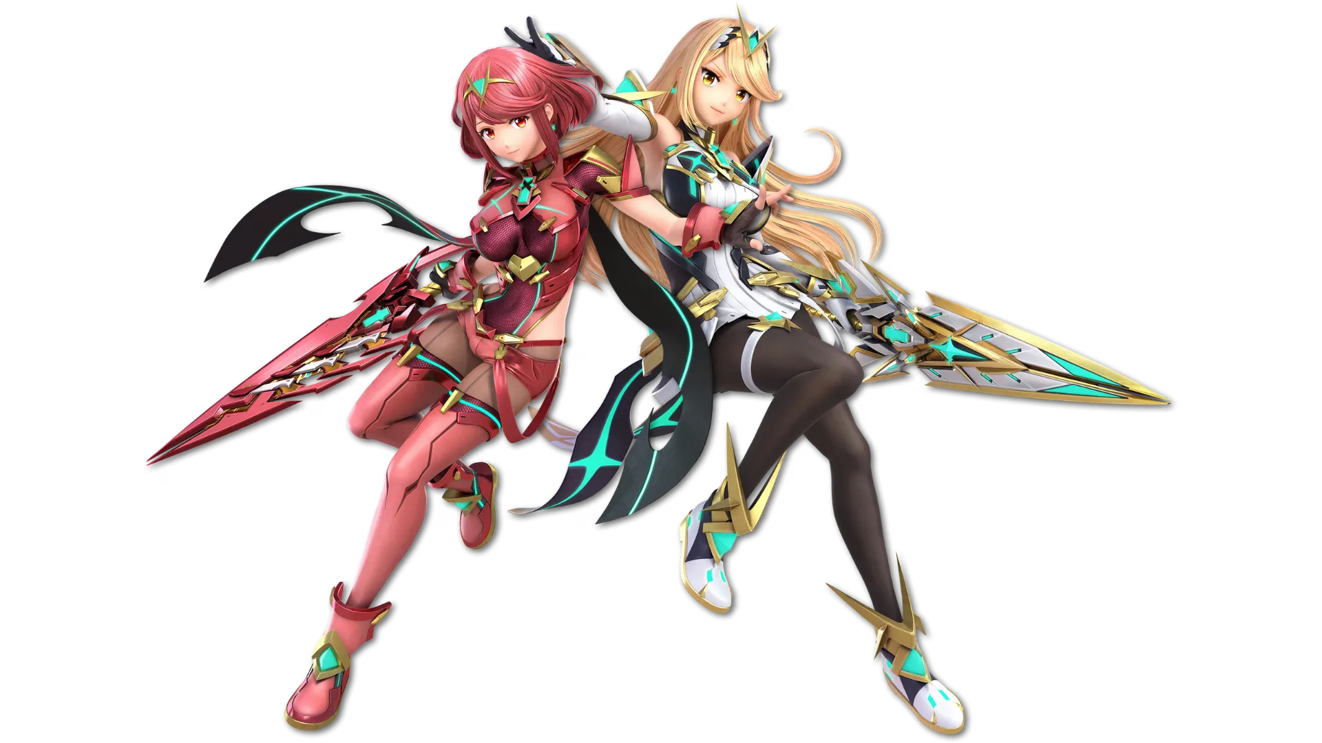 Pyra and Mythra posing together in Super Smash Bros. Ultimate.