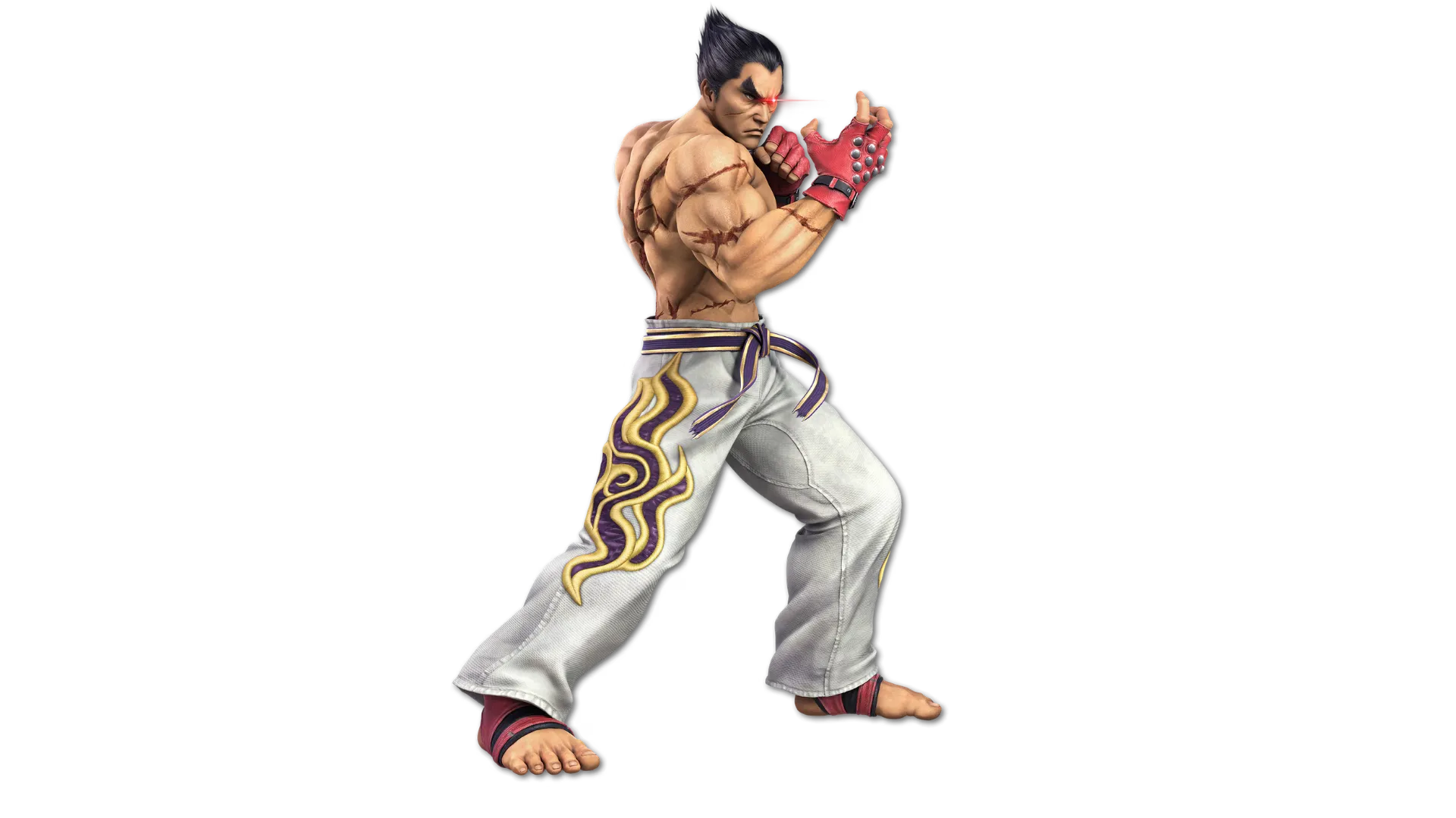 Kazuya Mishima posing with a glowing red eye in Super Smash Bros. Ultimate.