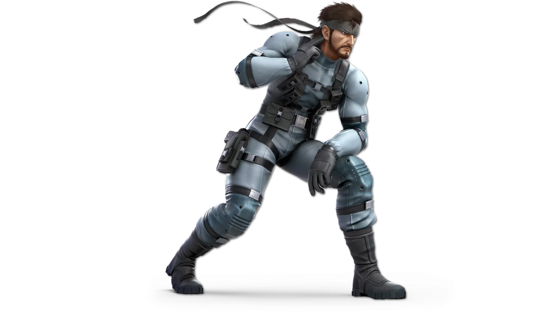 Snake crouching in a tactical pose in Super Smash Bros. Ultimate.