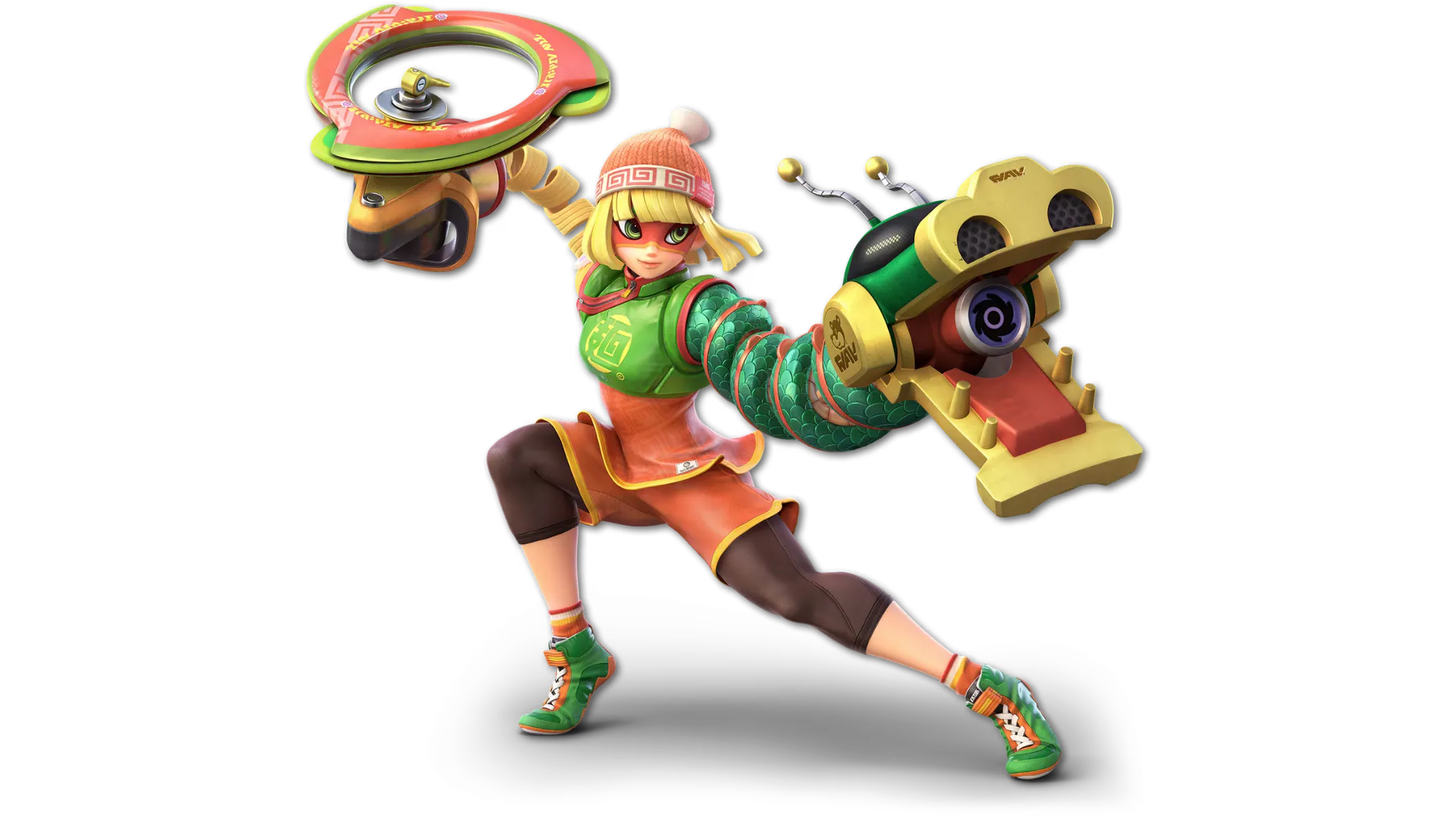Min Min posing with extended ARMS weapons in Super Smash Bros. Ultimate.