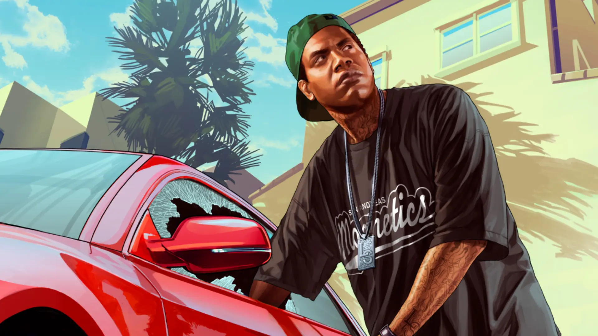 Lamar Davis standing beside a red sports car in Grand Theft Auto V