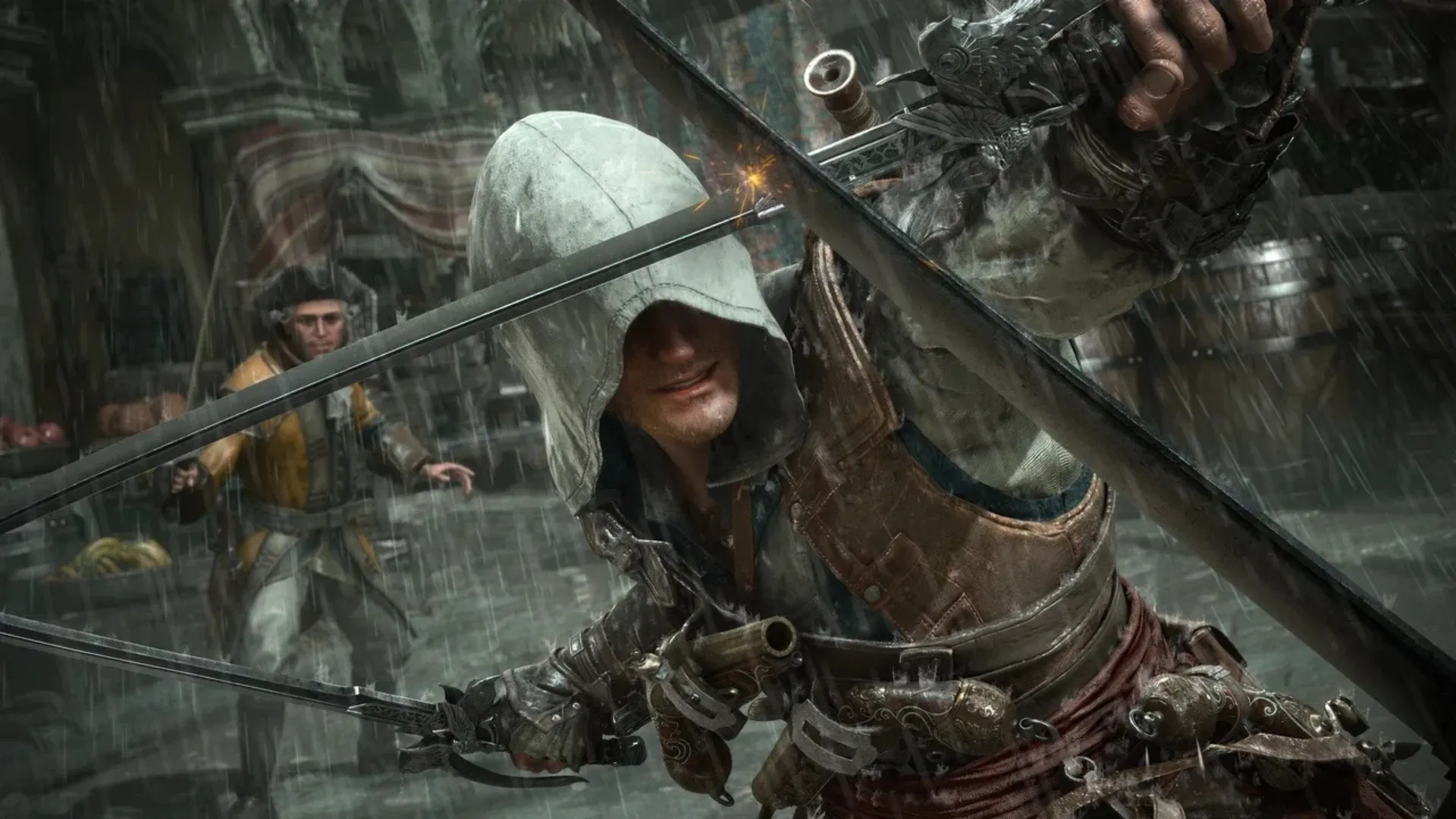 Edward Kenway blocks multiple swords during a rainy fight in Assassin’s Creed Black Flag Resynced.