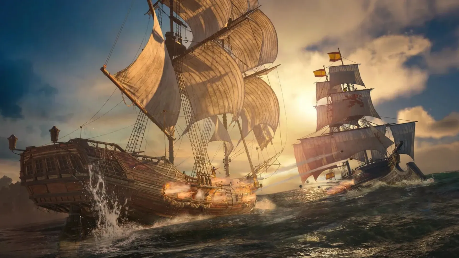 Two sailing ships fire cannons at each other during a naval battle in Assassin’s Creed Black Flag Resynced.