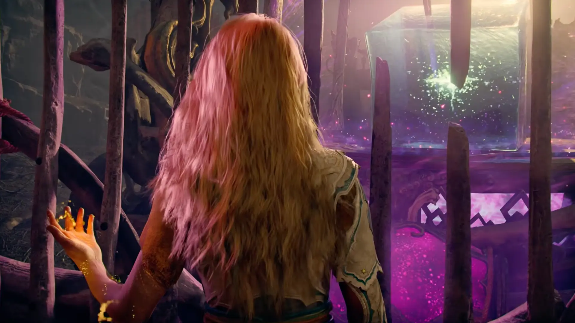 Laufey observes a magical glowing object while exploring an ancient location in God of War Laufey