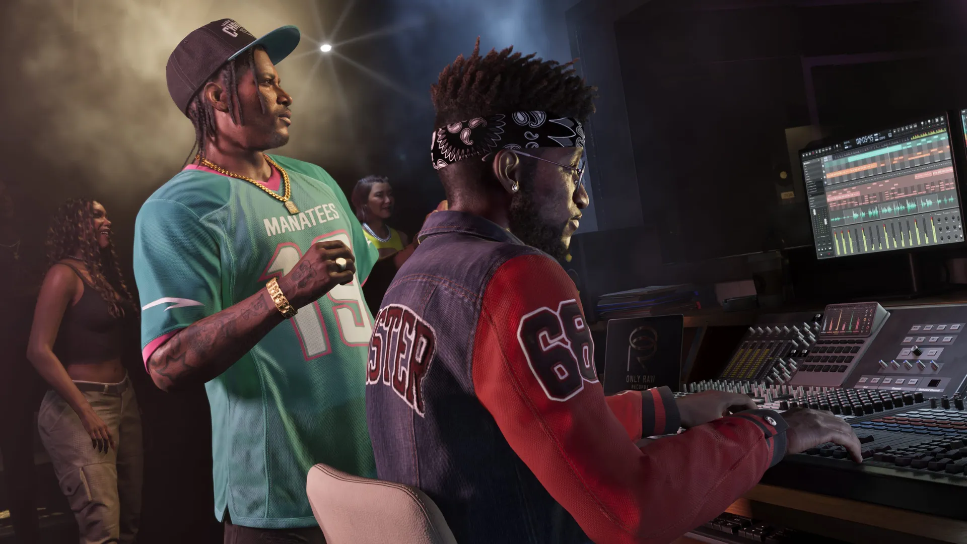 Characters working in a music studio in Grand Theft Auto VI.