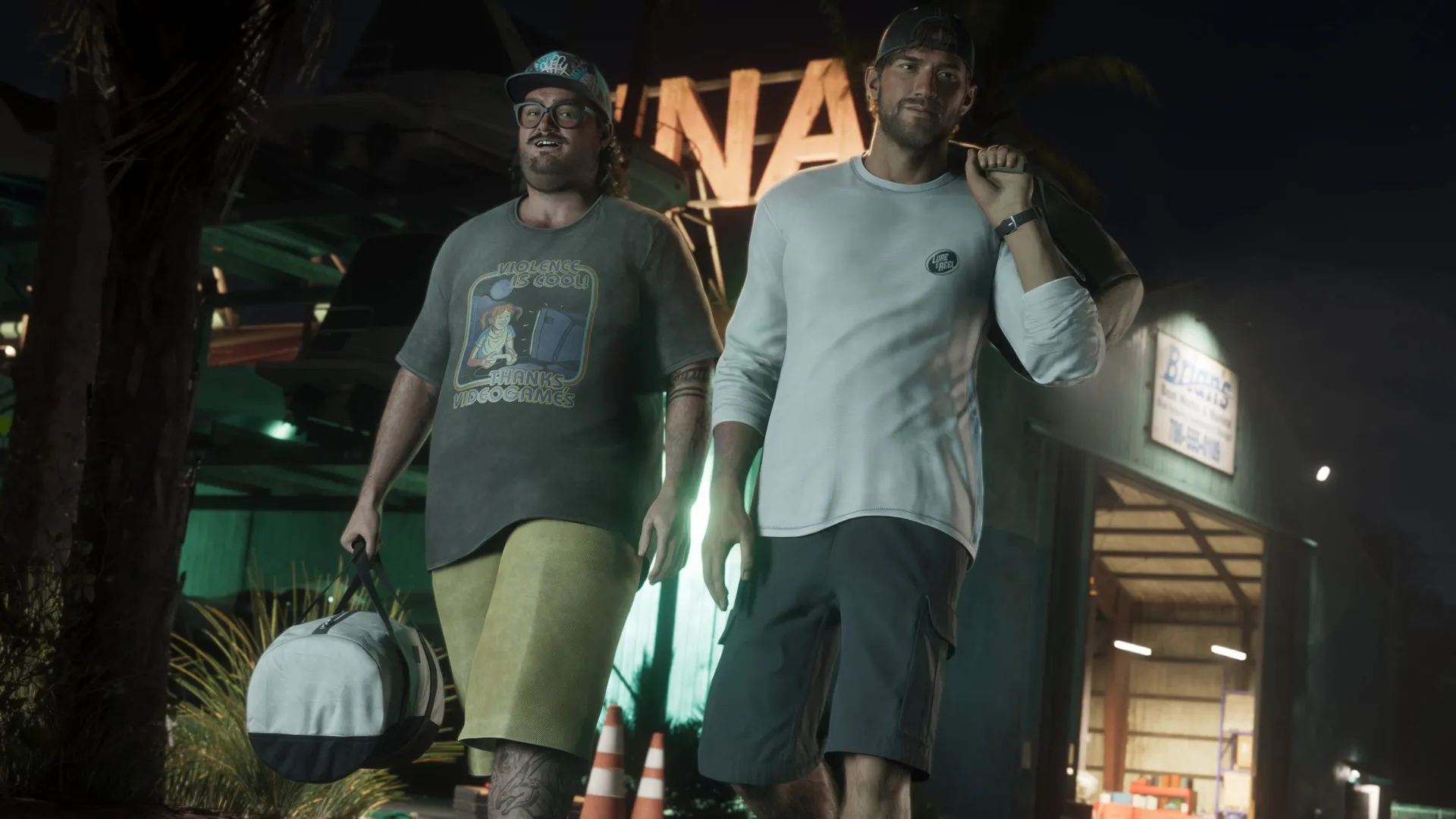 Jason and Brian walking outside a marina at night in Grand Theft Auto VI.