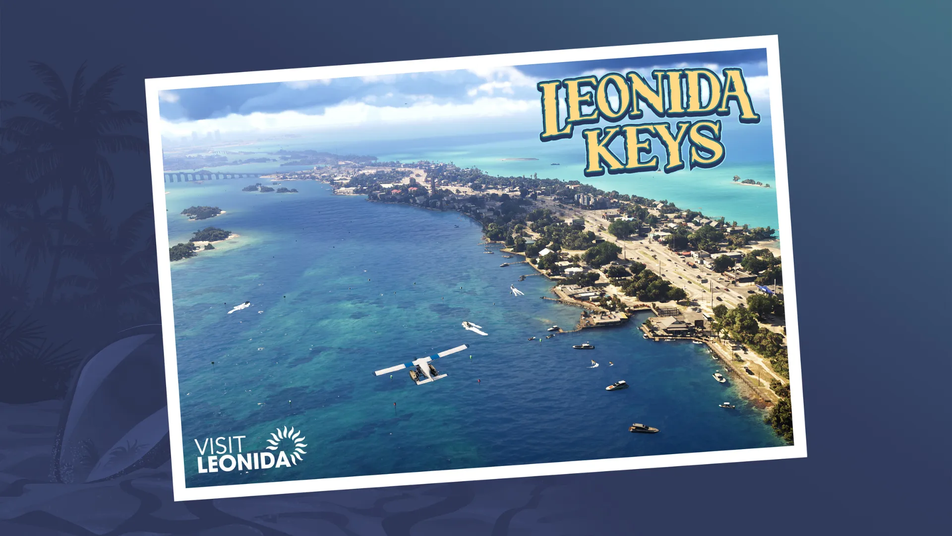 A Leonida Keys postcard showing turquoise water, islands and a seaplane in Grand Theft Auto VI.