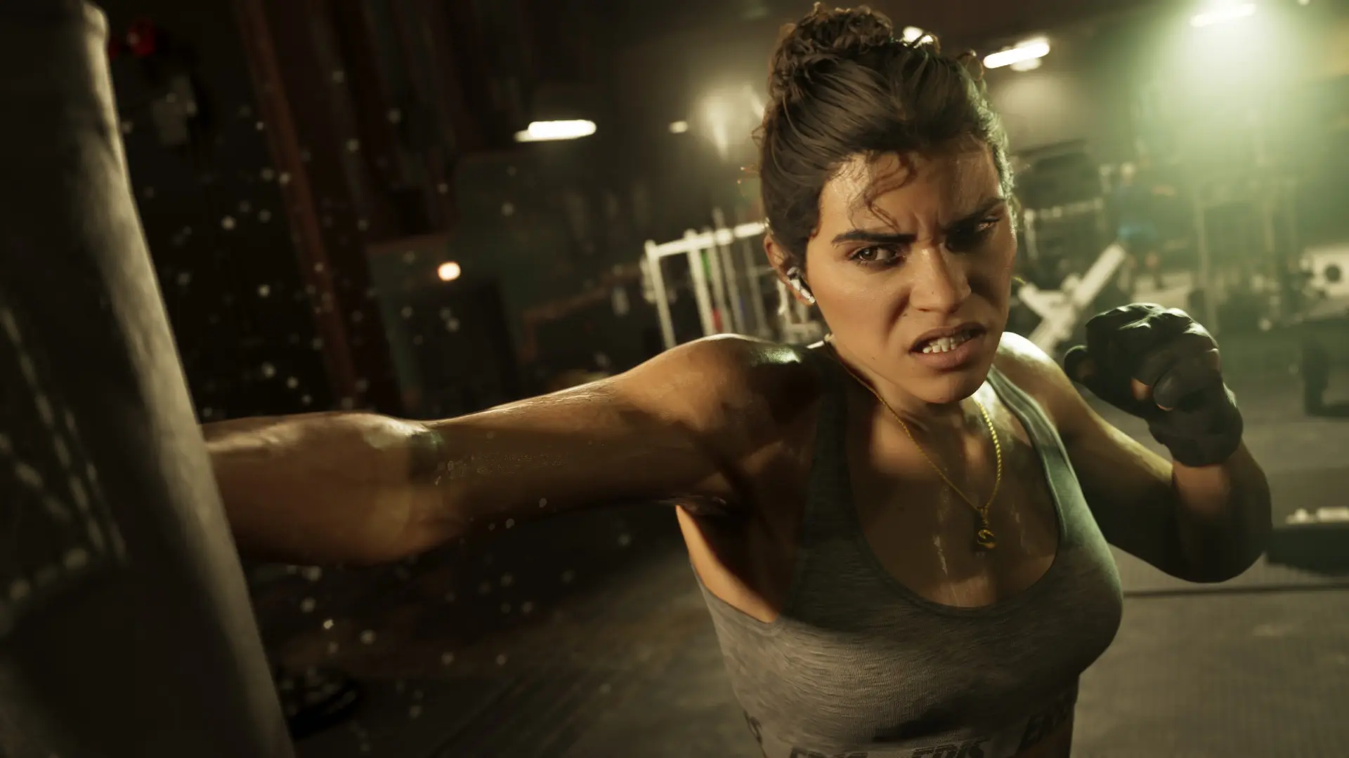 Lucia trains with a heavy punching bag in a gym in Grand Theft Auto VI, showcasing her fighting skills and determination.