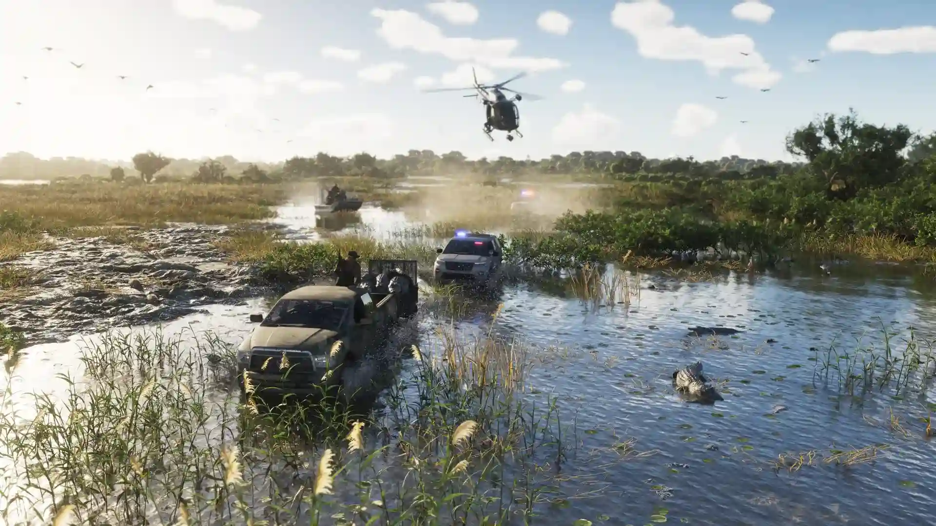 Law enforcement vehicles and a helicopter pursue suspects through the Everglades wetlands in Grand Theft Auto VI, with an alligator visible in the water.