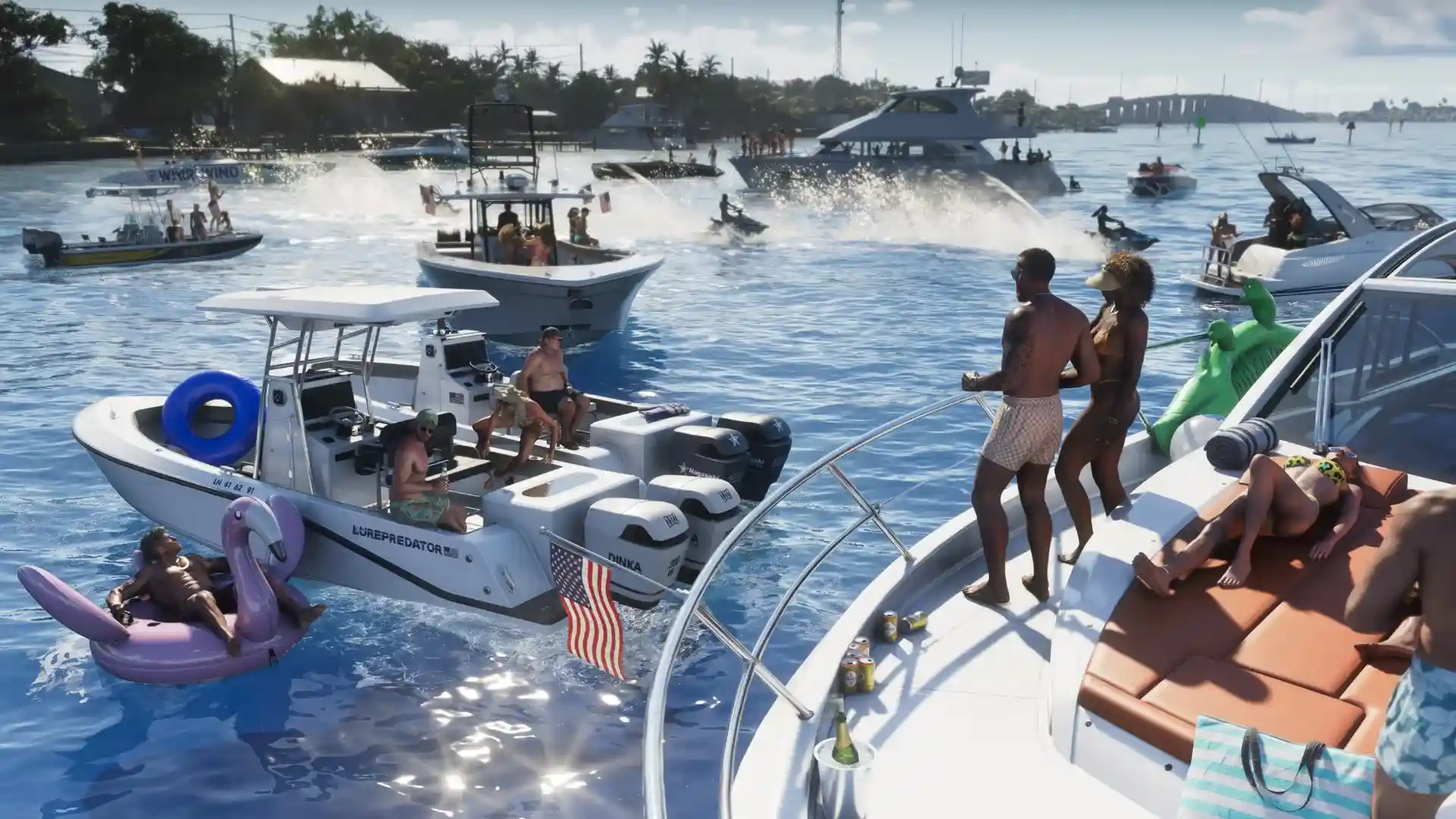 Boats, yachts, and jet skis gather for a lively party on the water in Grand Theft Auto VI, highlighting the vibrant coastal lifestyle of Vice City.