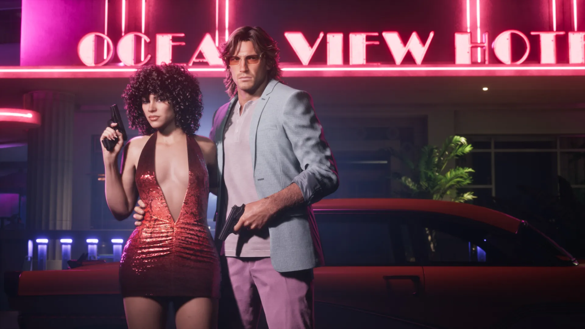 Two armed characters stand in front of the Ocean View Hotel in GTA VI Ultimate Edition.