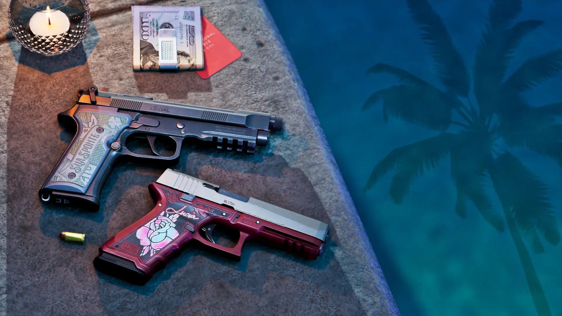 Two custom pistols, cash and a hotel keycard by a pool in GTA VI Ultimate Edition.