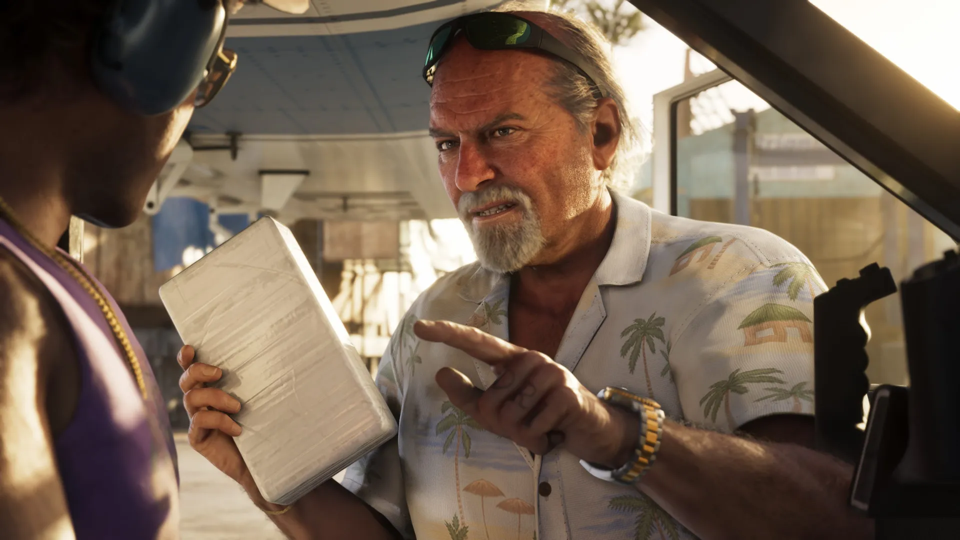 An older man holds a wrapped package during a tense scene in Grand Theft Auto VI.