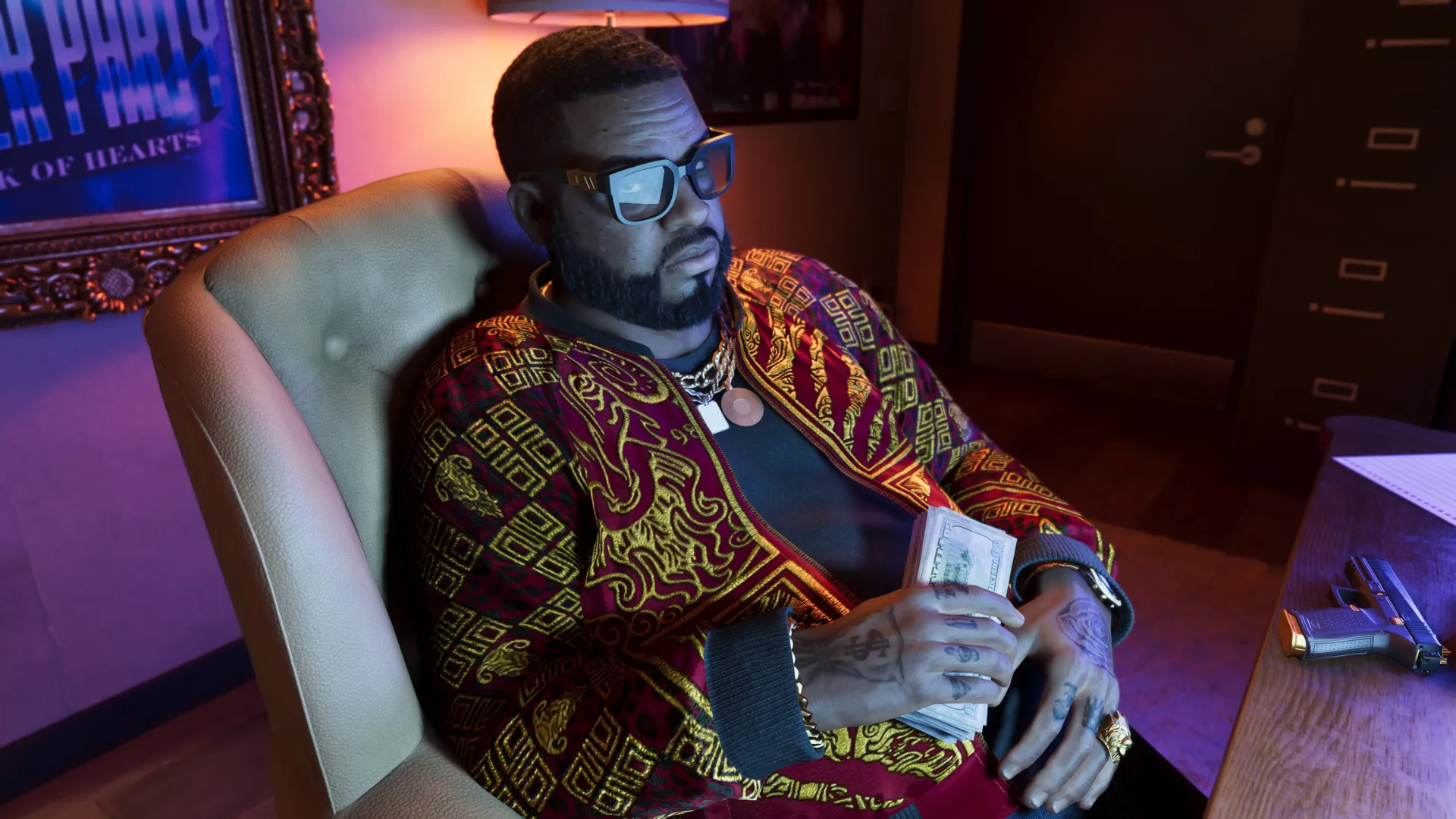 Boobie Ike sits in an office holding cash in Grand Theft Auto VI.