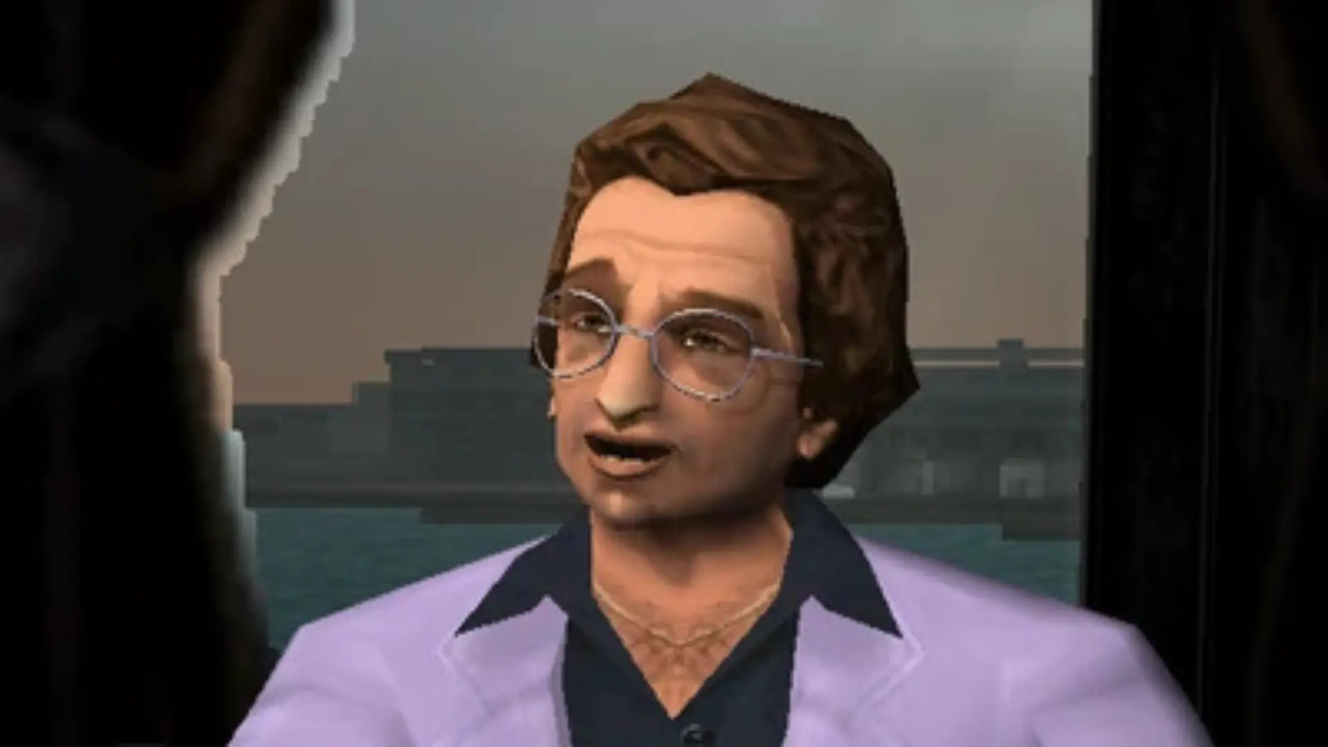 Ken Rosenberg speaks during a cutscene in Grand Theft Auto: Vice City, wearing his signature purple suit and glasses.