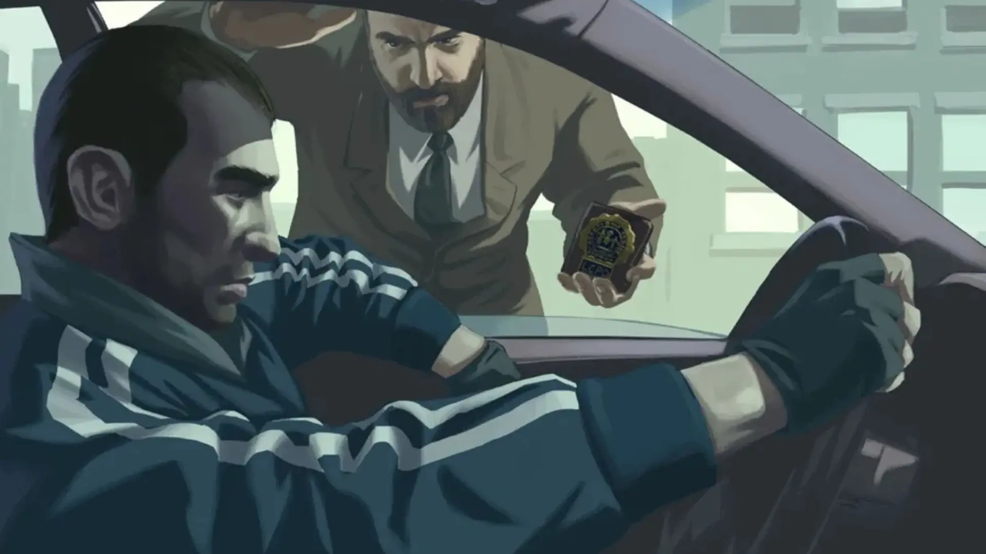 Niko Bellic is questioned by an LCPD detective while sitting behind the wheel of a car in Grand Theft Auto IV.