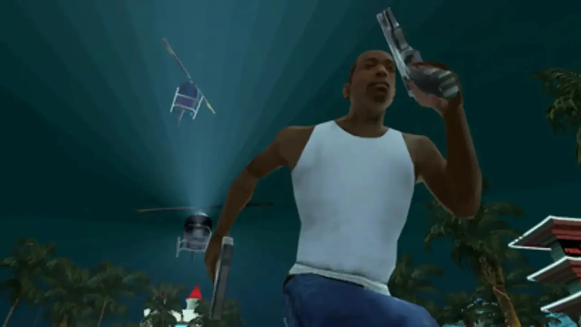 Carl "CJ" Johnson runs with a pistol while police helicopters search overhead in Grand Theft Auto: San Andreas.