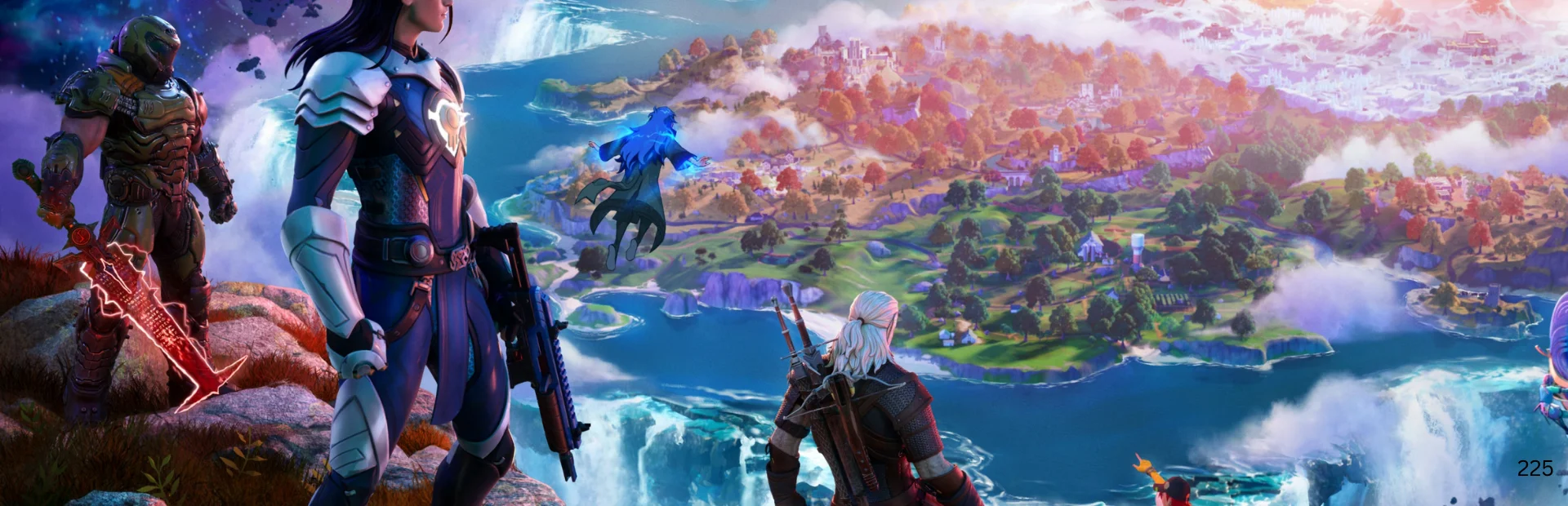 Fortnite characters look over a colorful island filled with water, cliffs, and bright landscapes