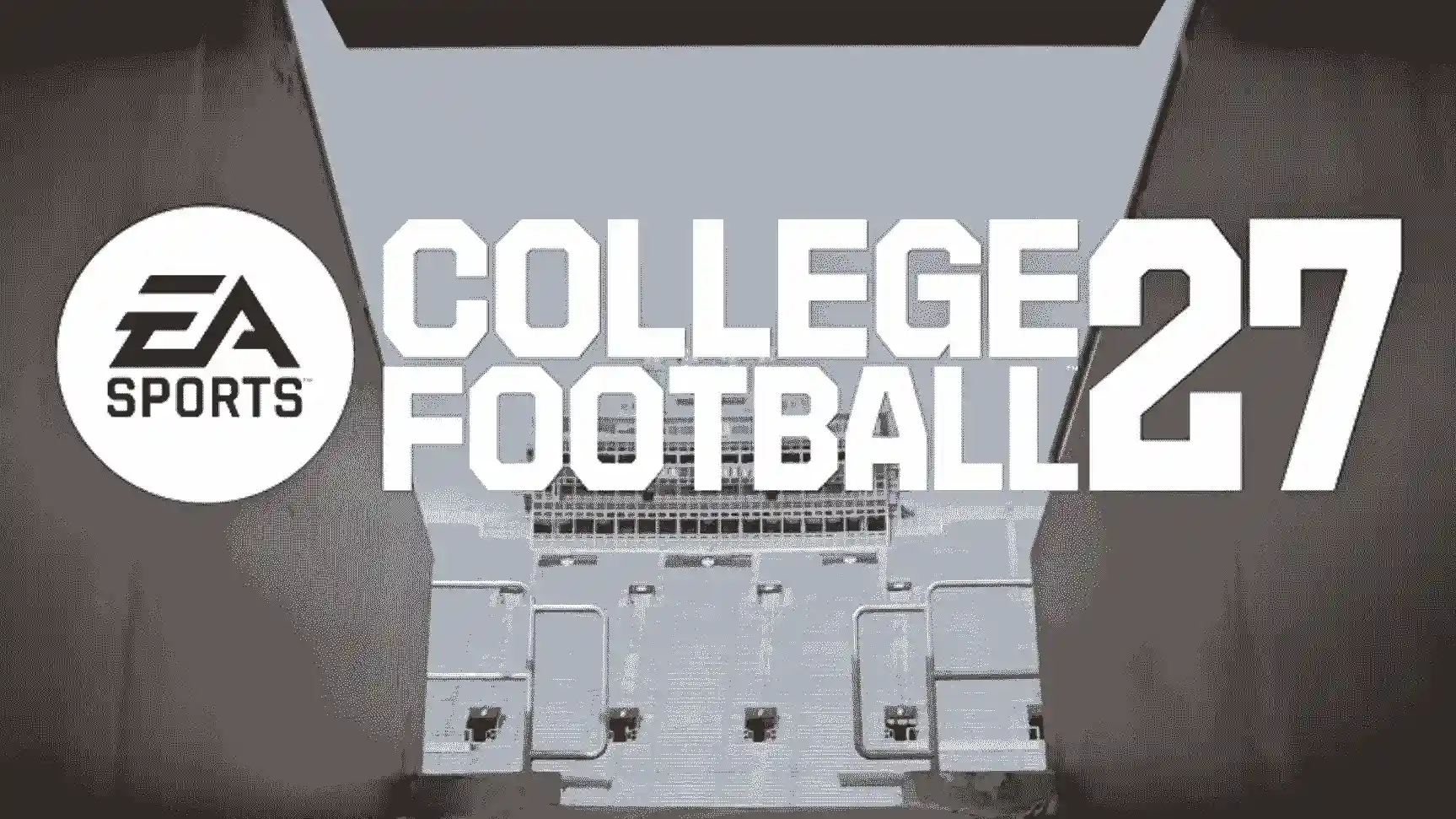 EA Sports College Football 27 key art featuring the official game logo and stadium entrance
