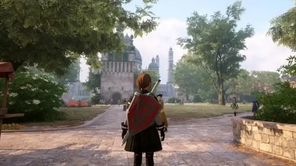 Character exploring a medieval city in Echoes of Aincrad: Sword Art Online