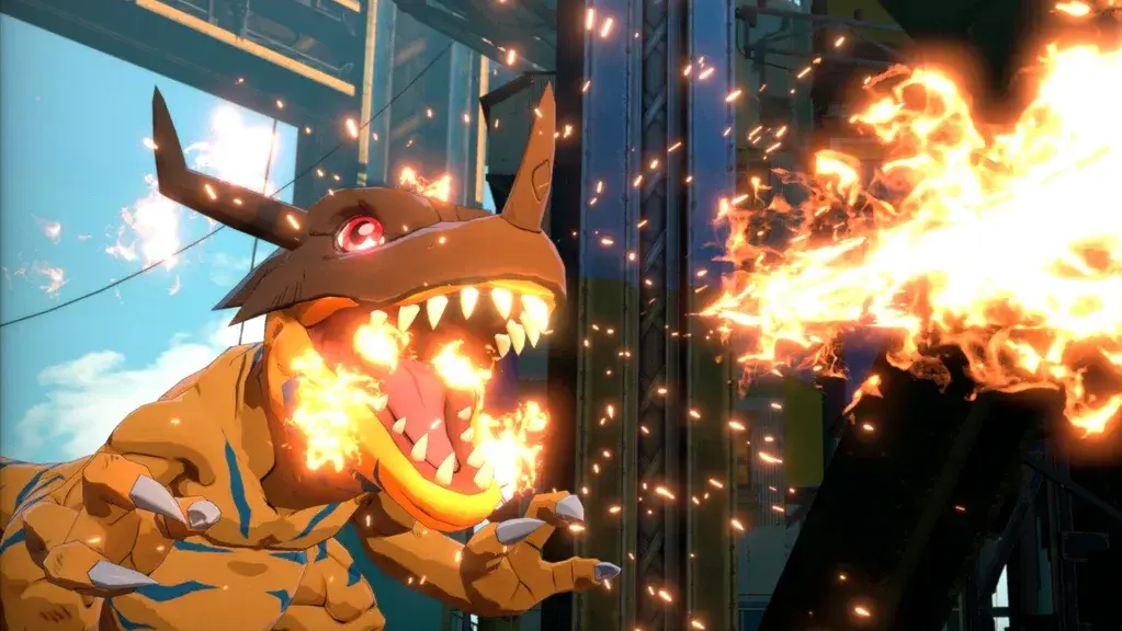 Greymon breathing fire during a battle in Digimon Story: Time Stranger