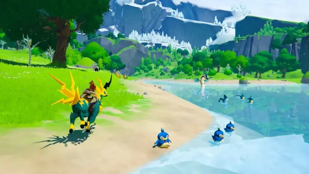 Player riding a Pal while exploring a lakeside area in Palworld Version 1.0