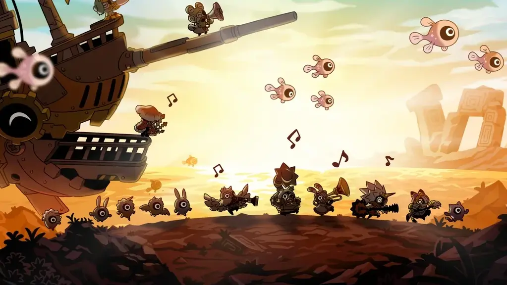 Ratatan rhythm battle with marching characters and a giant flying ship