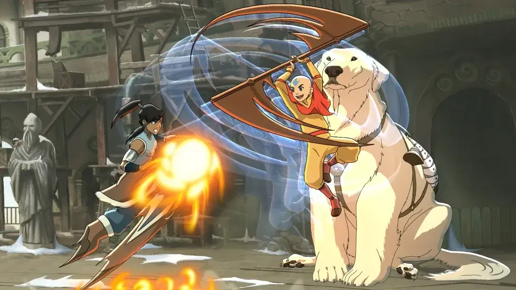 Aang and Korra fighting together in Avatar Legends: The Fighting Game