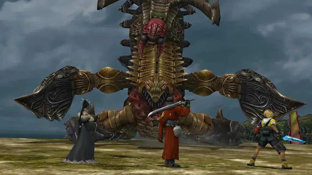 Party facing the massive Sin boss in Final Fantasy X gameplay