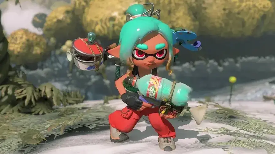 Splatoon Raiders protagonist carrying a large ink weapon during gameplay