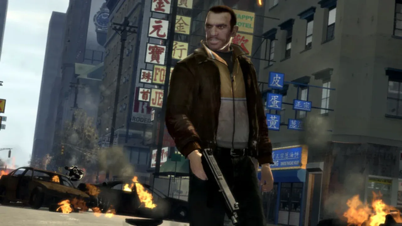 Niko Bellic standing in a damaged city street with a shotgun after a violent confrontation in Grand Theft Auto IV