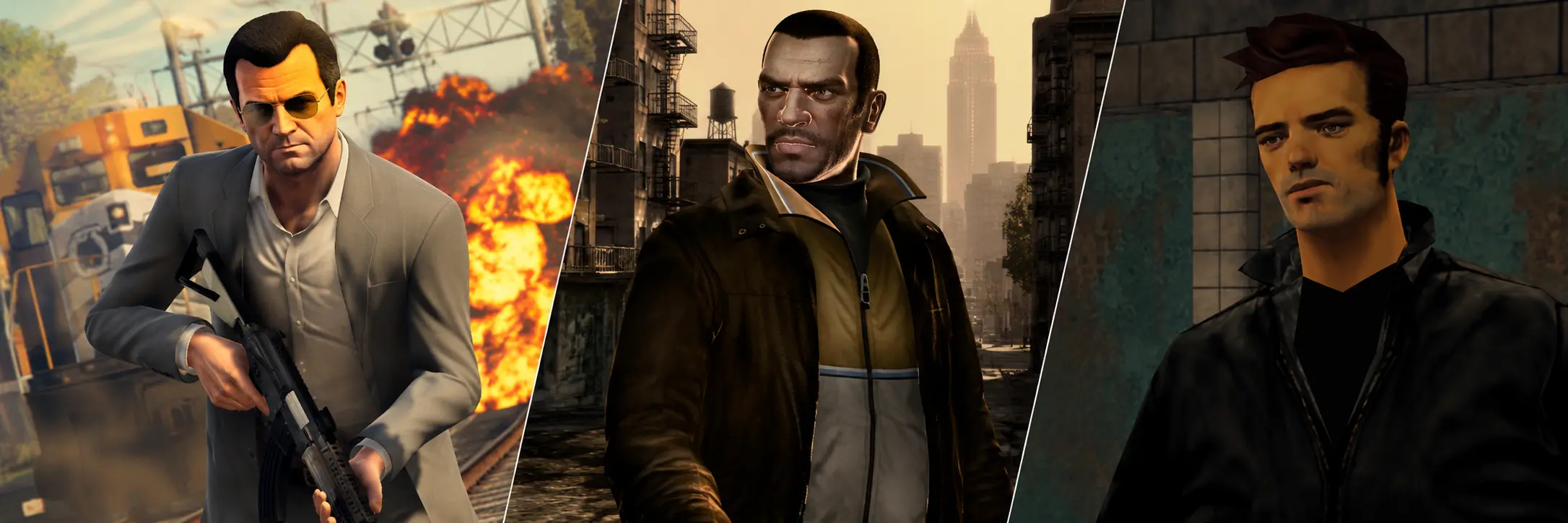 Three iconic GTA protagonists - Michael De Santa, Niko Bellic, and Claude Speed - in a dynamic, text-free cinematic collage with explosive urban backgrounds.