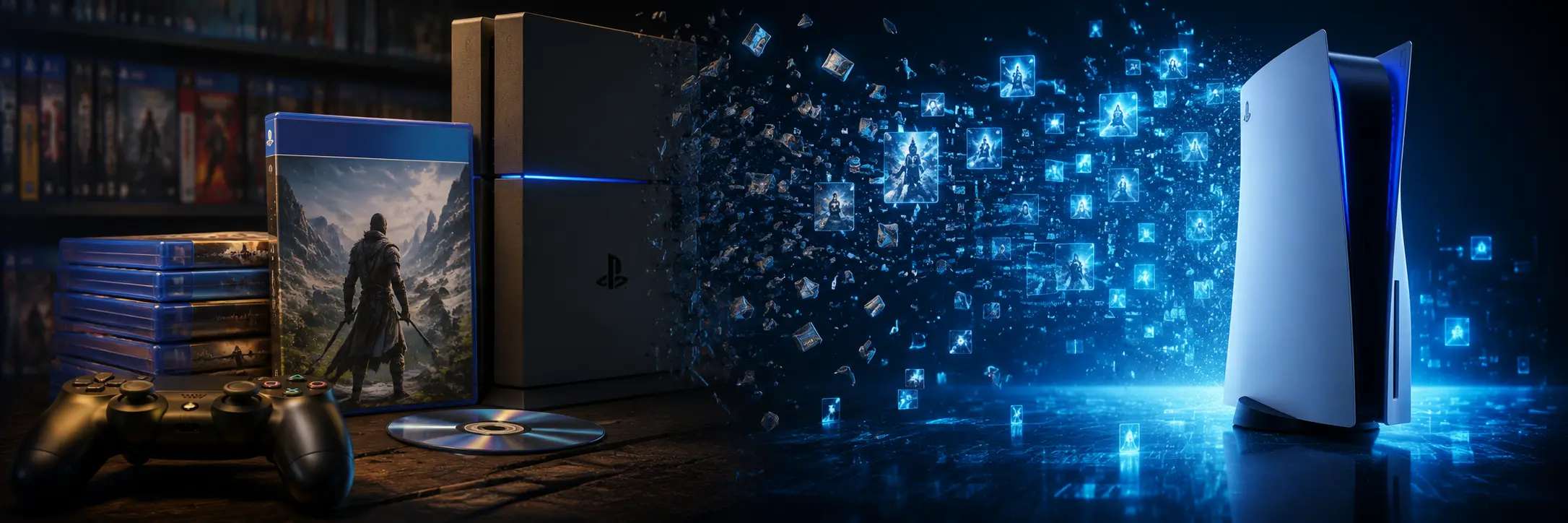 Physical PlayStation game cases and a game disc transition into a digital gaming ecosystem alongside PlayStation consoles, illustrating Sony's shift from physical media to digital-only game releases