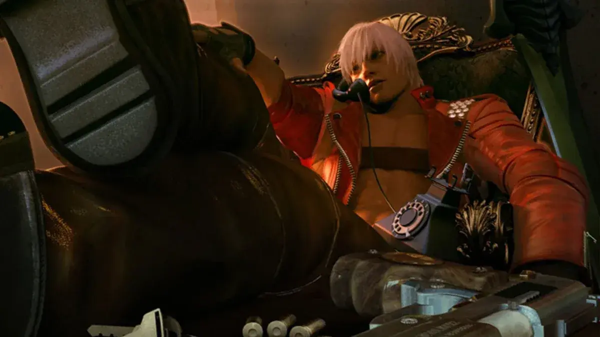 Dante answers a phone call in Devil May Cry 3 before an intense demon battle begins.